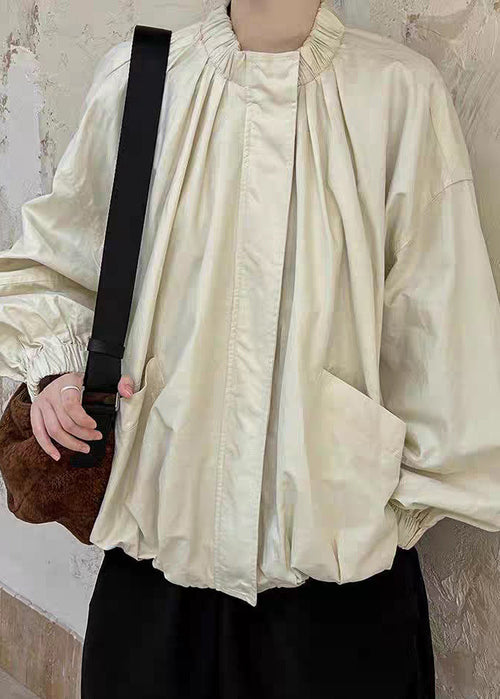 Loose Apricot Stand Collar Pockets Coats Lantern Sleeve