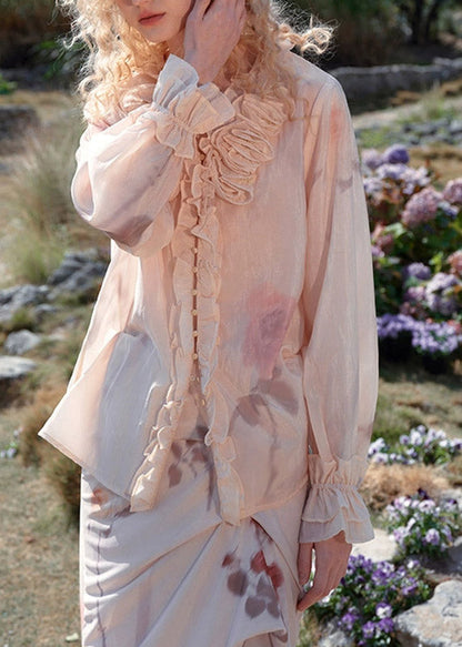 Organic Pink Ruffled Patchwork Shirt Flar Sleeve